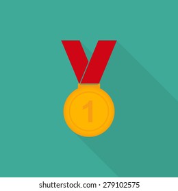 Gold medal icon with long shadow, flat style - Vector