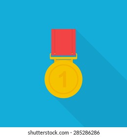 Gold medal icon with long shadow, flat style - Vector