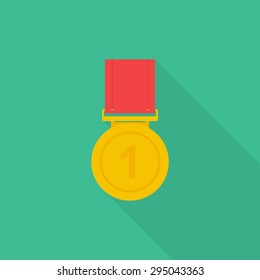 Gold medal icon with long shadow, flat style - Vector