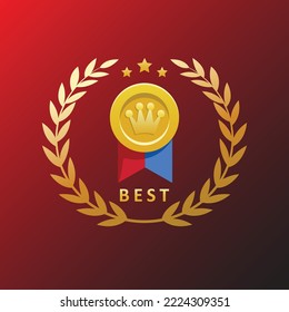 gold medal icon with red and blue ribbon. Winner medal vector illustration