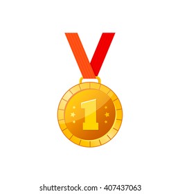 Gold medal icon with red ribbon. Vector illustration