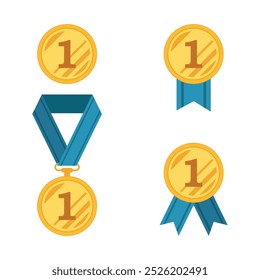 Gold medal icon set in flat style. Trophy award vector illustration on isolated background. Winner sign business concept.