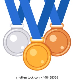 Gold medal icon. Silver medal icon. Bronze medal icon. Trophy, award, reward symbol. Vector illustration isolated on white background