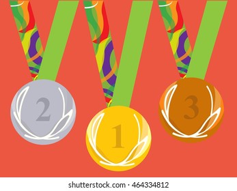 Gold medal icon. Silver medal icon. Bronze medal icon. Medal set. Red background