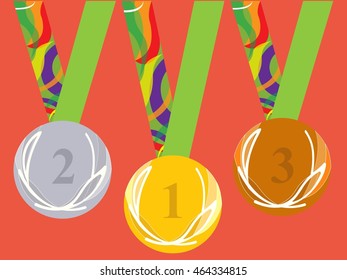 Gold medal icon. Silver medal icon. Bronze medal icon. Medal set. Red background