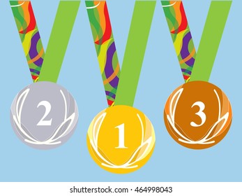 Gold medal icon. Silver medal icon. Bronze medal icon. Medal set. Blue background.