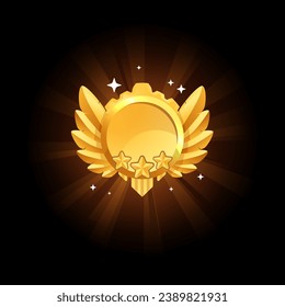 Gold medal icon, vector illustration isolated on black background. Simple game element, drawing of a round shaped award with wings. Shiny metal colored winner badge. Flat art.