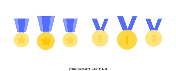 Gold medal icons set. Vector flat illustration. Shiny medal with star and 1st, 2nd, 3rd. Winner award badge on white background. Best choice badge.
