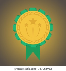 Gold medal with the image of three stars with a green ribbon. Vector illustration.