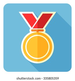 Gold medal isolated on a blue background. Vector illustration. Flat design.