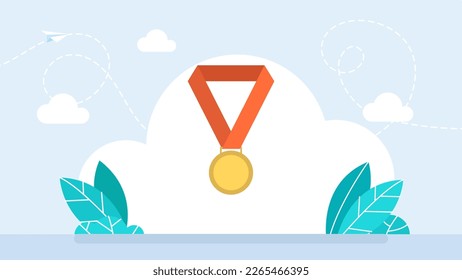 Gold medal isolated on a white background. Winner. Gold Medal. Golden 1st Place Badge. Sport Game Golden Challenge Award. Red Ribbon. Gold medal for first place. Flat style icon. Vector illustration