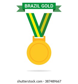 Gold medal isolated on a white background. Gold medal for first place. Gold medal flat icon. The tape in the Brazilian colors