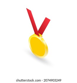 Gold Medal Isometric Icon. Winner Award With Ribbon. First Place Medal. Vector Illustration.