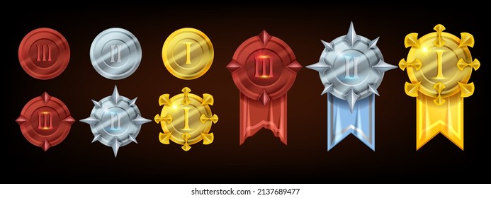 Gold medal kit, vector game badge award icon set, silver achievement reward, bronze trophy design. Level up emblem collection, rating prize, ribbon, UI winner asset logo. Game metal medal coin