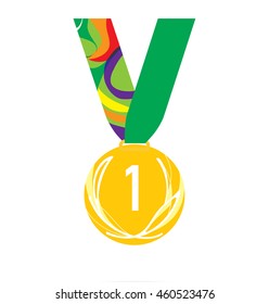 Gold medal with laurel leaf for the first place on the  ribbon. Vector illustration