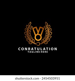Gold medal and laurel weaths collection on white background.