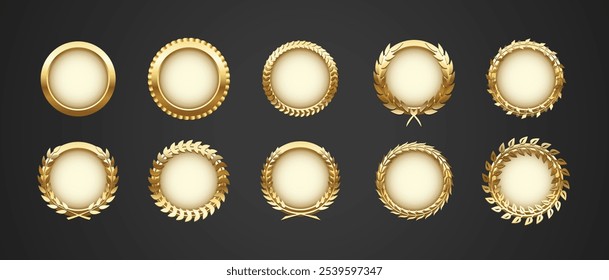 Medalla de oro con corona de laurel, conjunto de premios circulares, medallón de insignia de oro 3d, Vector 10 eps.