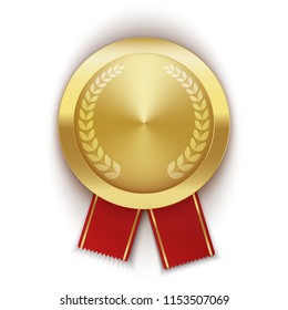 Gold medal with laurel wreath isolated on white background. Golden pictogram or emblem red ribbon with gold stripes. Realistic symbol of premium quality. High resolution. Vector stock. Drop shadows. 