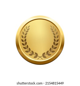 Gold medal with laurel wreath vector illustration. 3d realistic trophy badge of circle design, greeting anniversary or jubilee medallion, achievement champion isolated on white background