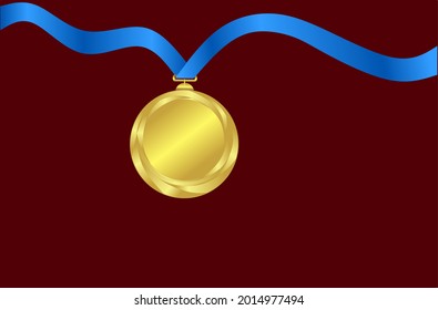 gold medal logo with blue ribbon on red background, vector illustration.