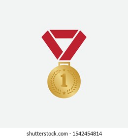Gold medal logo Template vector illustration icon design, medal with red ribbon for first place icon, medal flat icon illustration, champions medal icon illustration, award logo