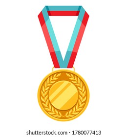 Gold medal with multi colored ribbon. Illustration of award for sports or corporate competitions.