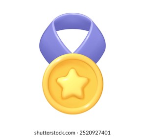 Gold medal with necklace and ribbon, star on golden locket. Vector isolated 3d award for winner of challenge, competition reward for victory. Best score and renowned results in sports or work