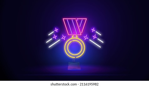 Gold medal with neon sign. National award, badge, ribbon. Vector illustration in neon style for banners, light billboards, greetings