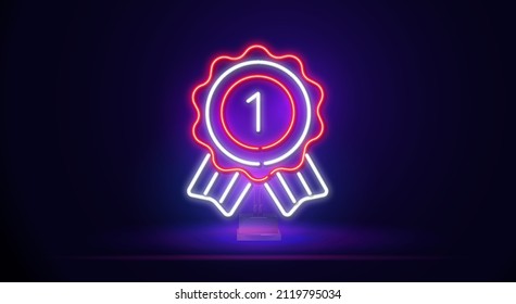 Gold medal with neon sign. National award, badge, ribbon. Vector illustration in neon style for banners, light billboards, greetings