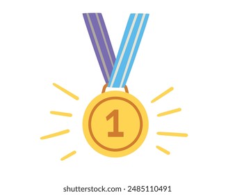 A gold medal with the number 1 , first place. The medal hangs on a ribbon with blue and purple stripes. Around the medal, there are several lines creating a glowing effect vector illustration