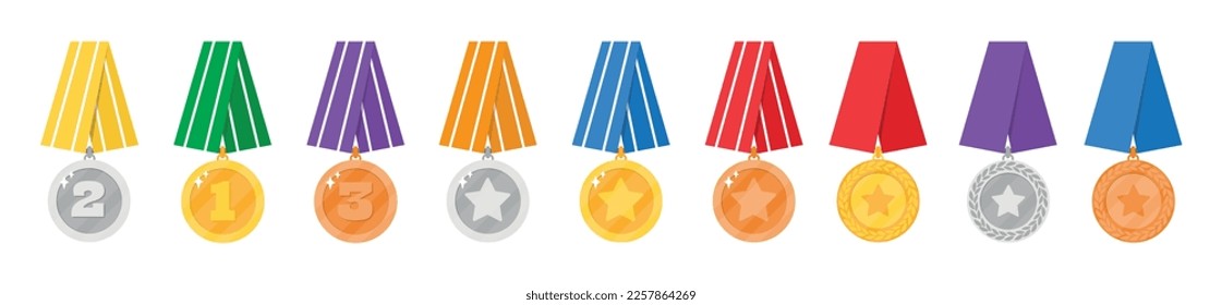 Gold medal. Number 1 golden medals with red award ribbons. First placement winner trophy prize. Vector set 10 eps.
