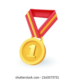 Medalla de oro con icono 3D número uno. Premio de oro o premio con la ilustración de un vector 3D de cinta sobre fondo blanco. Victoria, competencia, éxito, concepto de logro