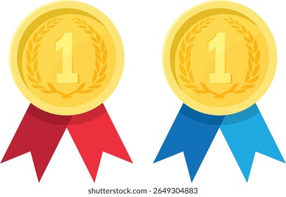 Gold medal number one with blue red ribbon