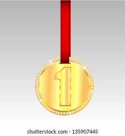 gold medal with number one on a red ribbon