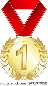 Gold medal with number one and red ribbon. Design of a medal to be presented to the winner