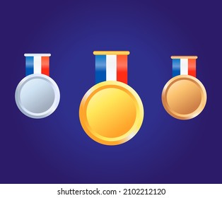 The gold medal for the Olympic winner illustration set. Silver, bronze, award, coin, 3d, ceremony Vector drawing. Hand drawn style.