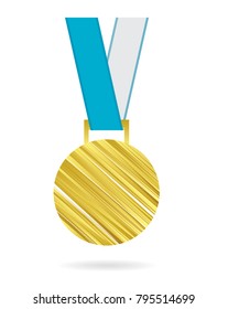 Gold medal on the blue ribbon. Vector illustration