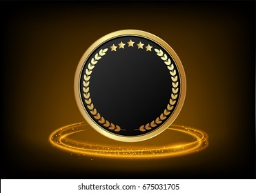 gold medal  on  gold  circle glowing light fire ring trace. Glitter magic sparkle swirl trail . Bokeh light glitter with flying sparkling flash light. Vector illustration