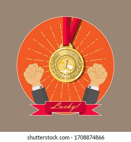 Gold medal on a red ribbon with the number one surrounded by rays and two hands clenched into a fist. At the bottom of the image is a ribbon with the inscription Lucky. Icon, symbol, sign, emblem