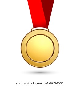 Gold medal on a red ribbon. Vector illustration