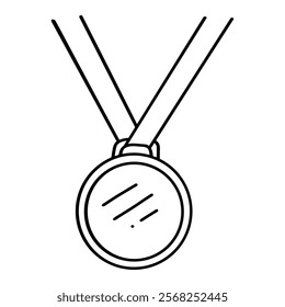 Gold medal on a ribbon. For the first place winner. Olympic prize, competition. Icon,element,symbol,logo isolated on white background. Hand drawn vector illustration. Line, doodle, coloring