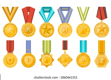 Gold medal on ribbon set. Isolated winner award label icons. First place medal badge design vector illustration