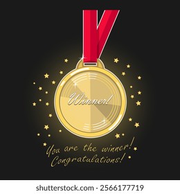 Gold medal on a scarlet ribbon with the inscription - Winner and surrounded by gold stars. Below the inscription - You are the Winner. Congratulations. Black background. Vector illustration