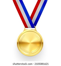 Gold medal on striped ribbon realistic vector illustration. Sports competition first place best award championship reward isolated. Honor trophy of contest achievement victory winner prize