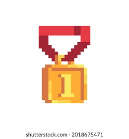 Icono de arte de píxel dorado. En primer lugar. Juegos olímpicos de competiciones deportivas. Estilo plano. 8 bits. Ilustración vectorial aislada.