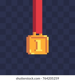 Gold medal pixel art icon. First place. Flat style. 8-bit. Isolated vector illustration.