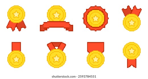 Gold Medal Pixelated Icon Set. Pixel Art Symbol Collection Of Award Medals With Ribbons And Stars. Isolated Vector Illustration.