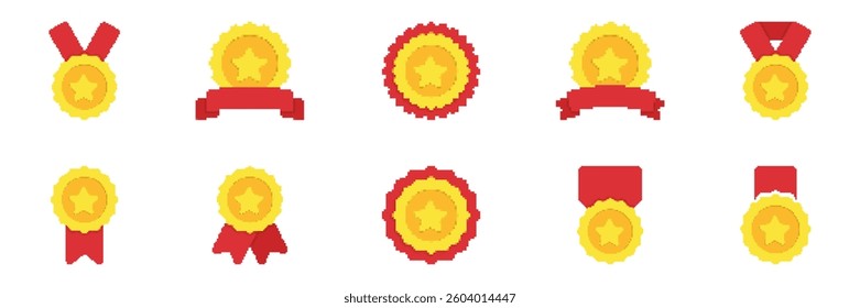 Gold Medal Pixelated Icon Set. Pixel Art Symbol Collection Of Award, Achievement, And Success Icons. Isolated Vector Illustration.