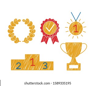 gold medal, podium, winner's laurel wreath and cup in sketch style made by hand. career ladder icons in business or sport. flat vector illustration isolated on white background