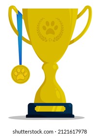 gold medal and Prize cup with paw print for participation in animal competitions. Prize for winner of pet competition. Cartoon vector isolated on white background